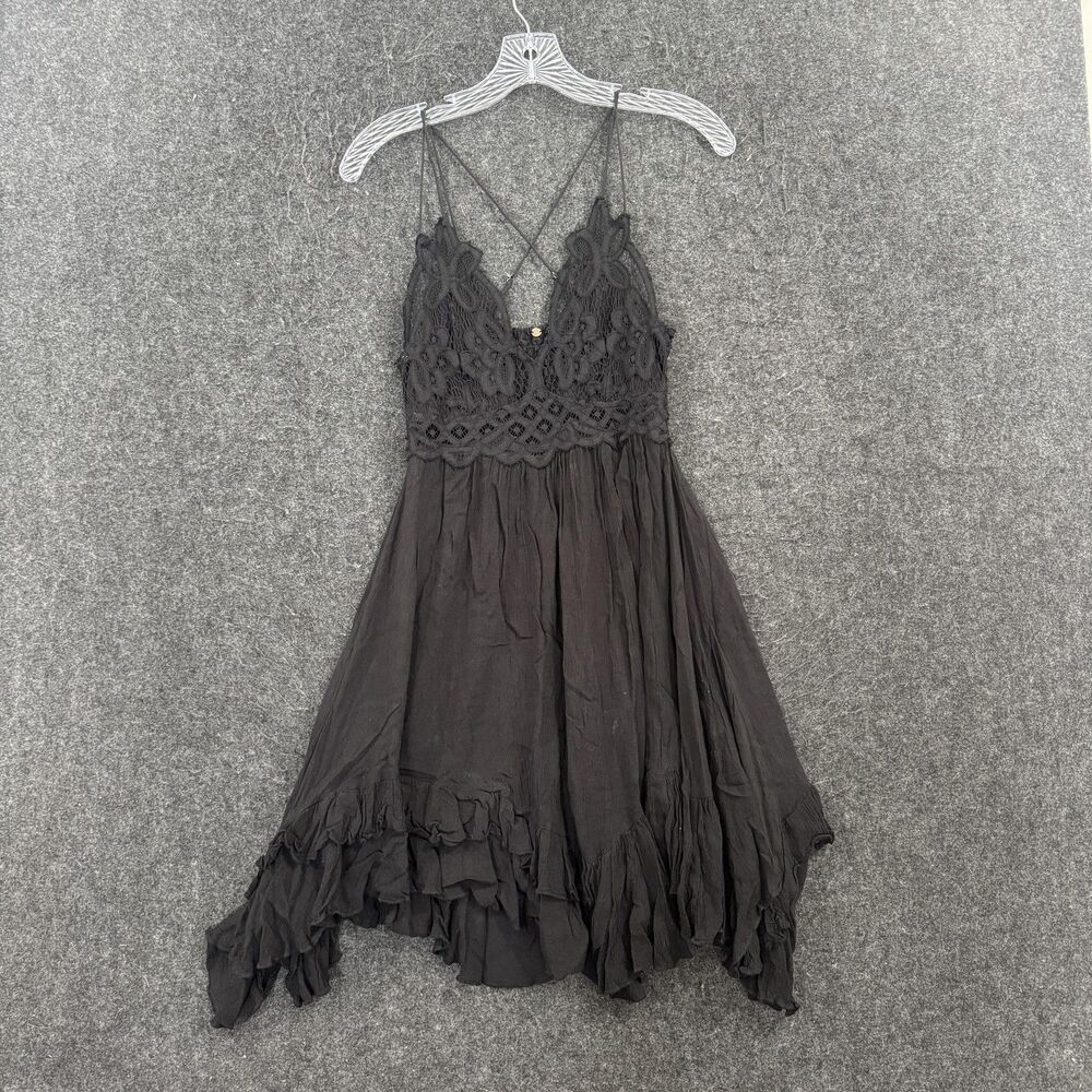 FP One Adella Slip Dress Women's Small Black Lace Crochet Ruffle Asym Hem Boho